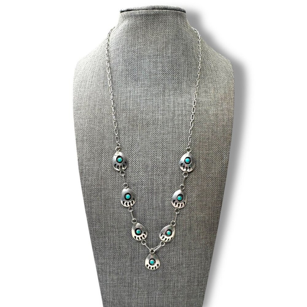 Vintage Native American Navajo Sterling Silver Necklace Turquoise Bear Paw 22.5"